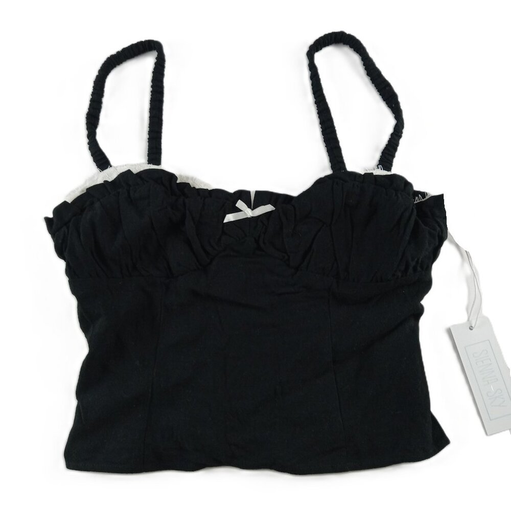 Sienna Sky Smocked Crop Top Women's Size Medium Black White Bow Lace